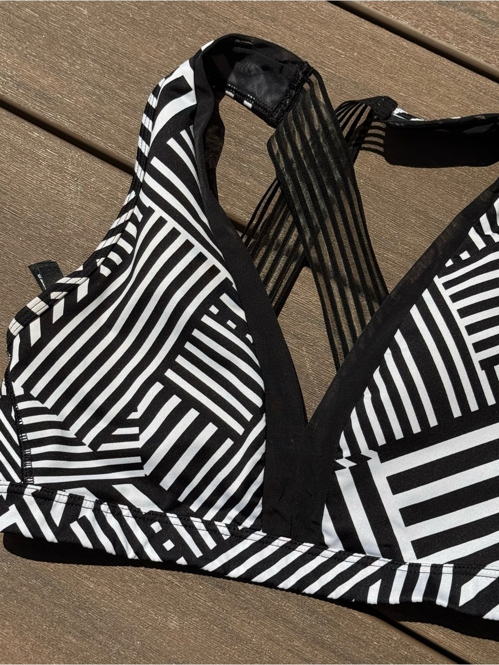 Victoria Sport Striped Black and White V-Neck Bikini Top